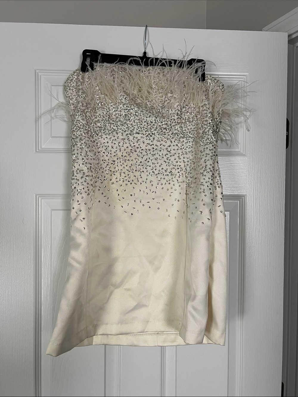 NBD Ivory Feather-Trim Mini Dress with Crystal Embellishment